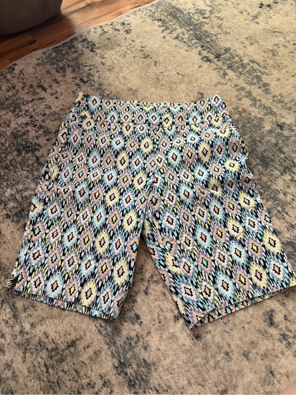 Ruby Rd. Geometric Print Bermuda Shorts in Aqua, Yellow & Black